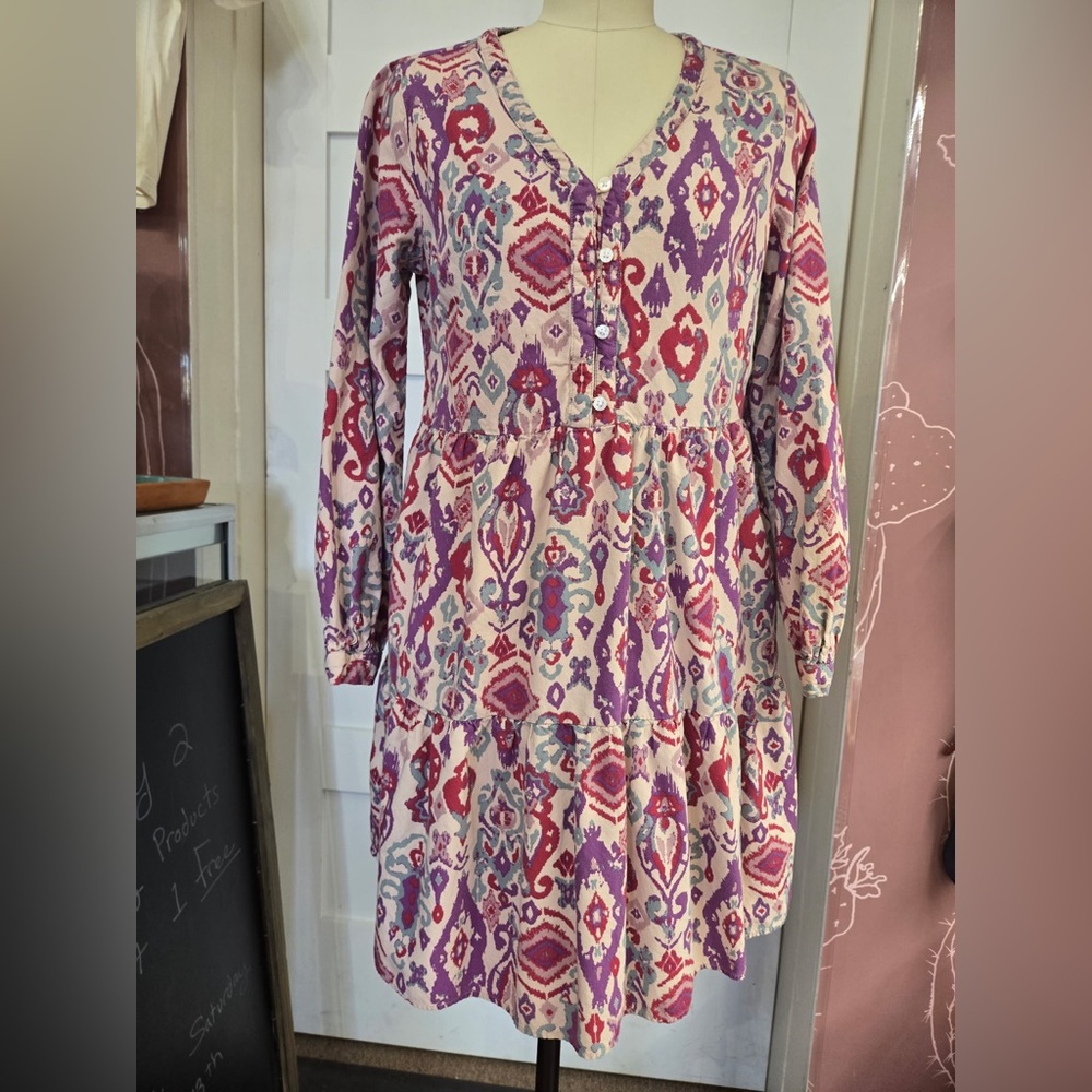 Beachlunchlounge long sleeve v neck babydoll button down mini dress boho xs
